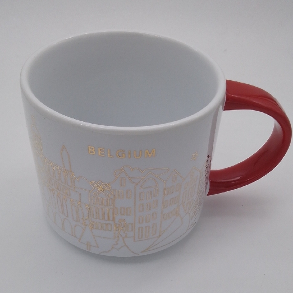 Starbucks Belgium Mug with Red Handle and Gold Accents